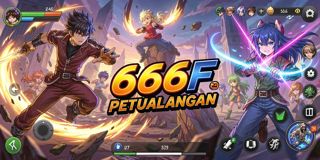Screenshot gameplay 666F menunjukkan pertarungan yang epik dan karakter anime menarik.