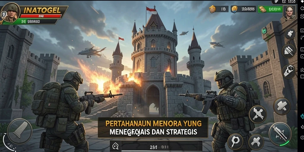 Screenshot menunjukkan gameplay menegangkan dengan strategi pertahanan menara.