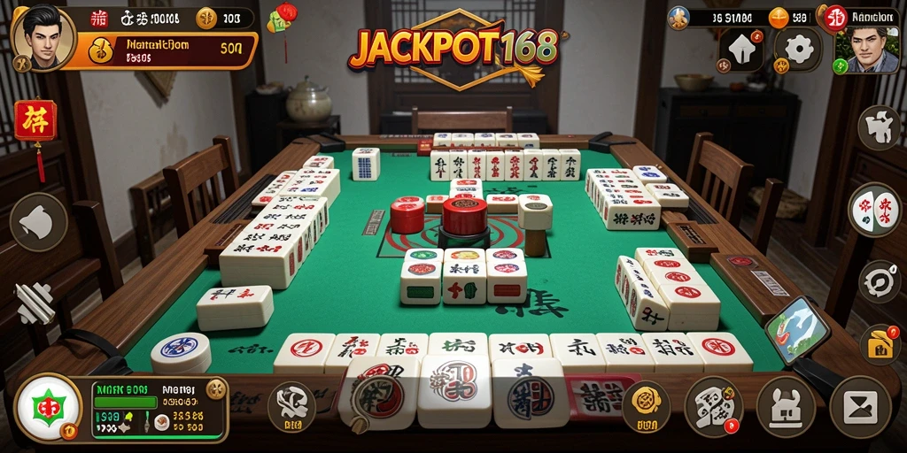 Tangkapan layar dari permainan JACKPOT168 yang menunjukkan suasana Mahjong yang seru.