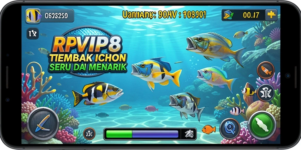 Tangkapan layar gameplay RPVIP8 dengan aksi menembak ikan yang menarik.